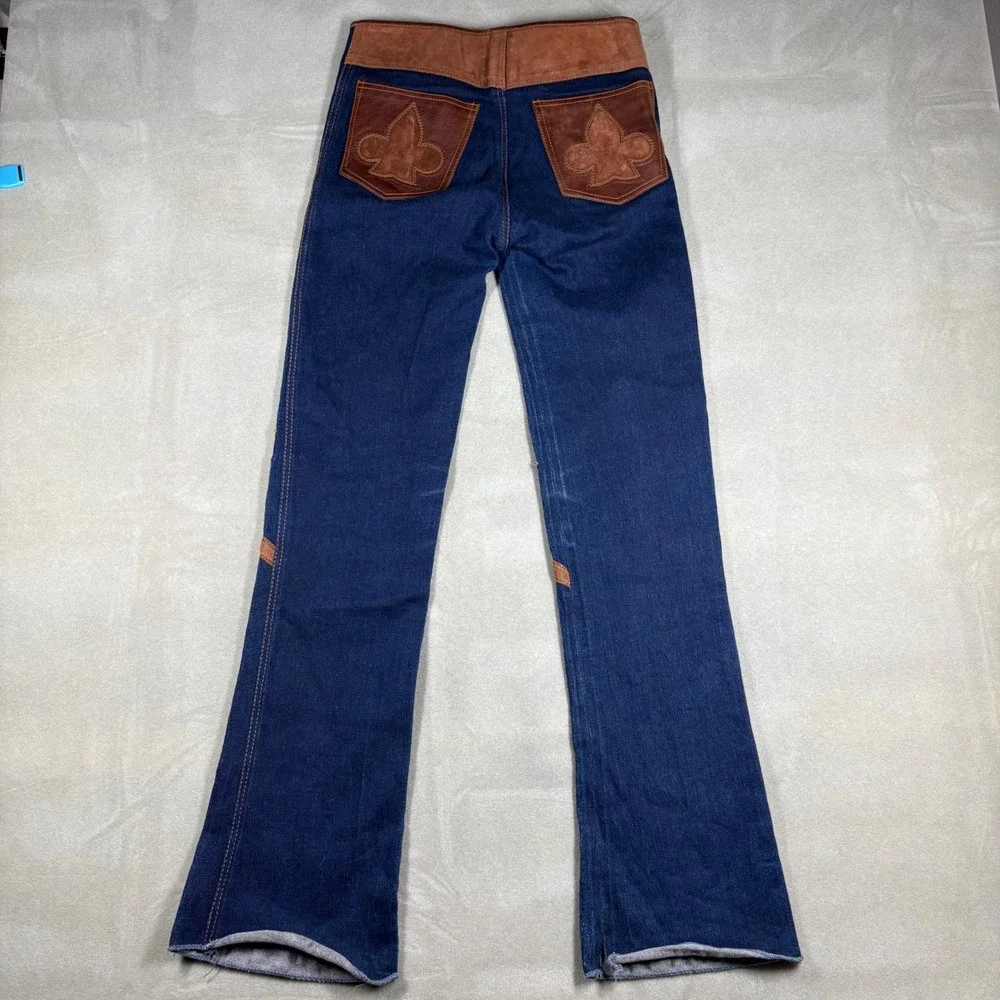 Vintage Royal Flesh Custom Leather Denim Lace Up Flare Jeans 80s 90s Western M